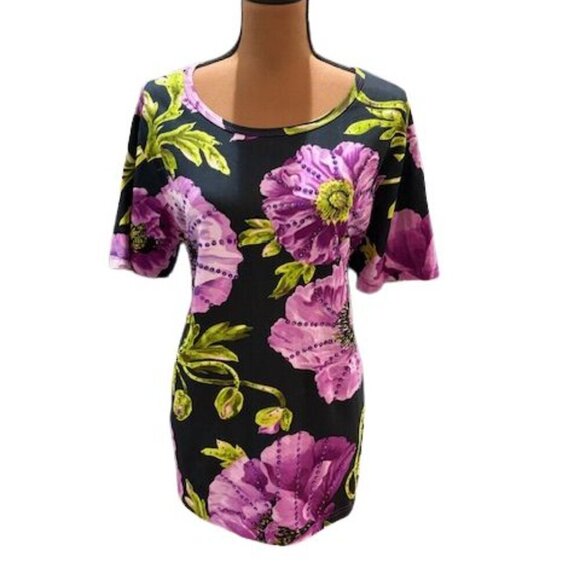 Roaman’s Beaded and Sequined Floral T-Shirt Blouse in Black and Purple – Large - Picture 1 of 7
